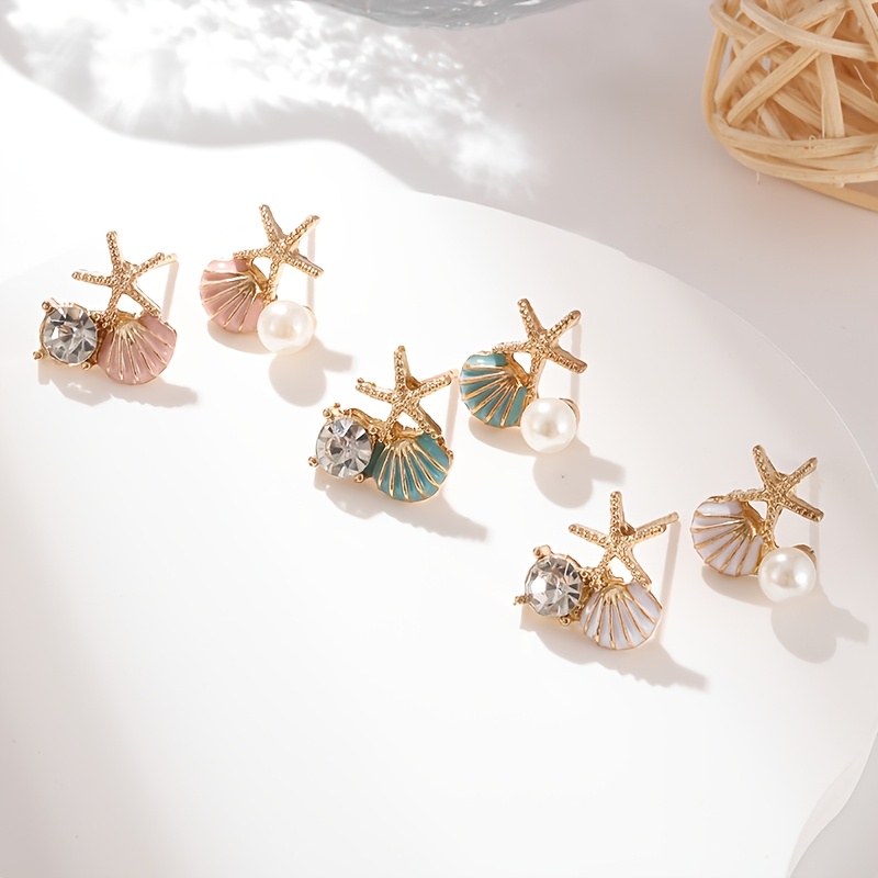 Women's Starfish Shell Multi-Color Enamel Earrings, Summer